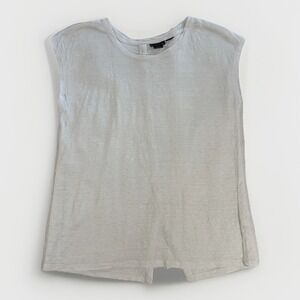 Tahari T Shirt Womens White Knit Linen Round Neck Button Back